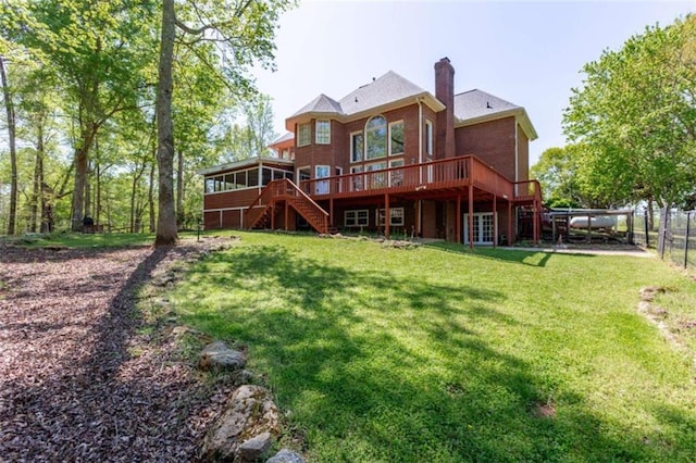 516 Turner Rd, Concord, GA 30206 - back of house with stairs, a deck, brick siding, and a chimney