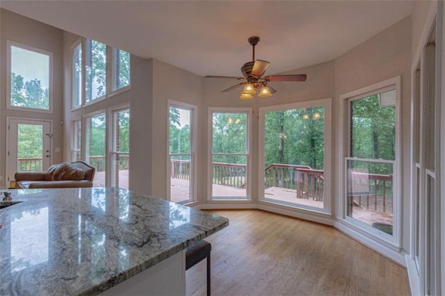 516 Turner Rd, Concord, GA 30206 - kitchen featuring ceiling fan, light wood-style flooring, and light stone countertops