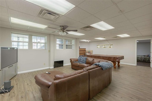 516 Turner Rd, Concord, GA 30206 - living room featuring pool table, wood finished floors, a paneled ceiling, baseboards, and ceiling fan