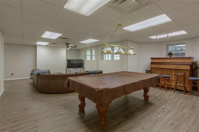 516 Turner Rd, Concord, GA 30206 - rec room with a paneled ceiling, light wood-style flooring, ceiling fan, pool table, and a dry bar