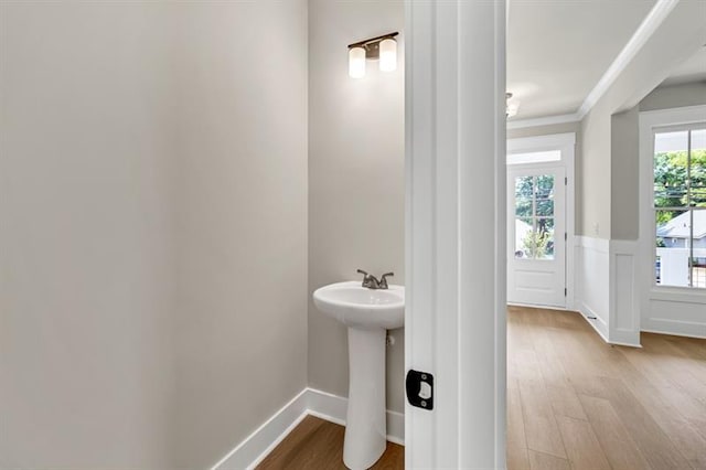 231 E Marable St, Monroe, GA 30655 - bathroom with wood finished floors, ornamental molding, and a sink
