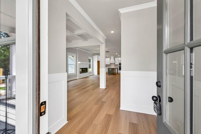231 E Marable St, Monroe, GA 30655 - entryway with wainscoting, light wood finished floors, a decorative wall, and recessed lighting