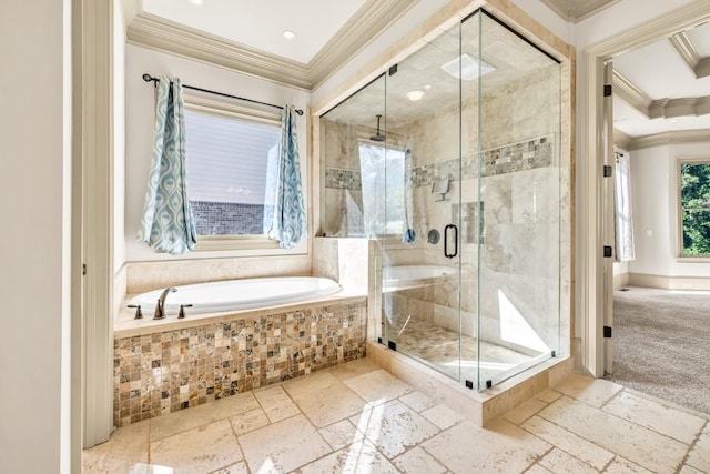 9145 Greenway Ct, Gainesville, GA 30506 - bathroom with crown molding, a bath, stone tile flooring, a shower stall, and baseboards