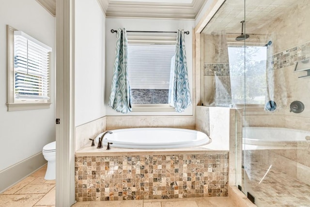9145 Greenway Ct, Gainesville, GA 30506 - full bath with crown molding, a shower stall, a bath, toilet, and baseboards
