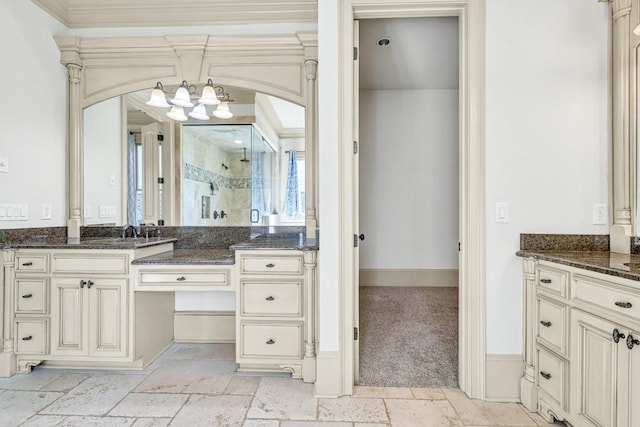 9145 Greenway Ct, Gainesville, GA 30506 - full bathroom with a shower stall, stone tile flooring, vanity, and baseboards