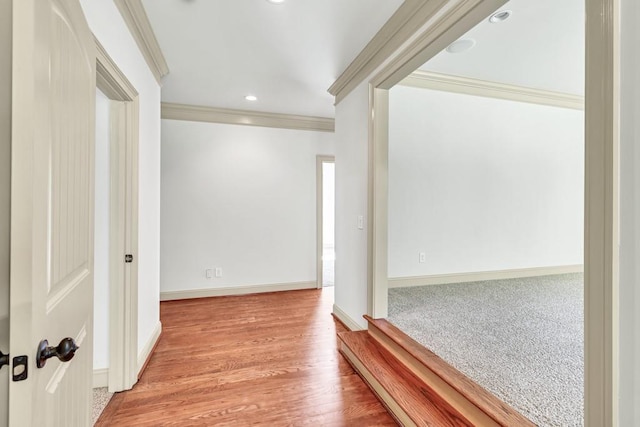 9145 Greenway Ct, Gainesville, GA 30506 - hallway with crown molding, baseboards, wood finished floors, and recessed lighting