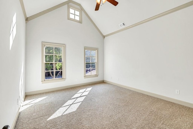 9145 Greenway Ct, Gainesville, GA 30506 - unfurnished room featuring carpet, a ceiling fan, crown molding, high vaulted ceiling, and baseboards