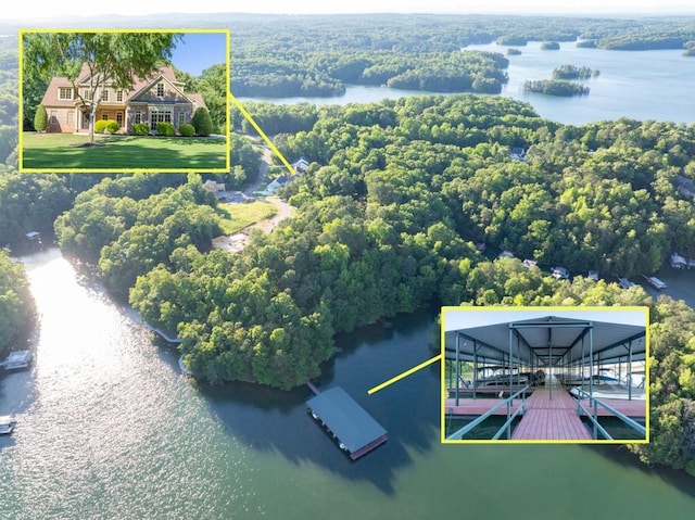 9145 Greenway Ct, Gainesville, GA 30506 - aerial overview of property's location with a nearby body of water, property parcel outlined, and a forest