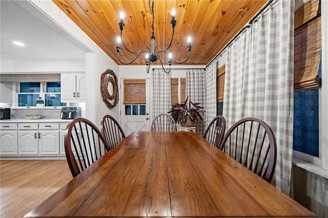 dining area with wooden ceiling, a chandelier, and light wood-style floors