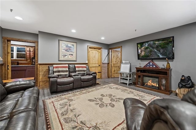 living area with wood finished floors, wainscoting, a glass covered fireplace, and recessed lighting