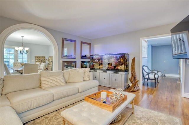 living room with a chandelier and hardwood / wood-style flooring