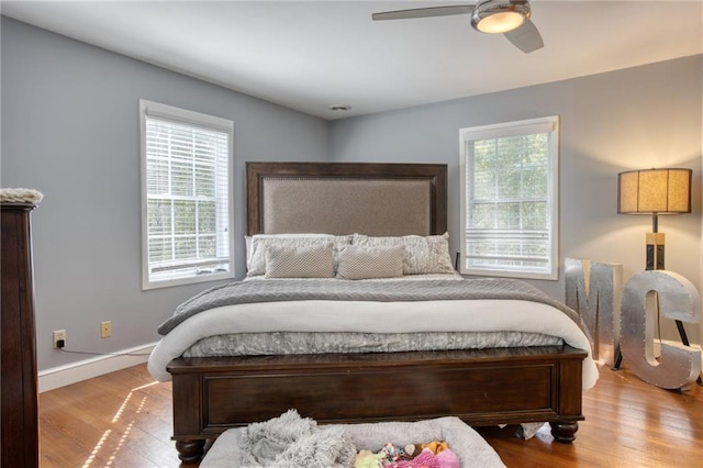 bedroom featuring ceiling fan and light wood-type flooring