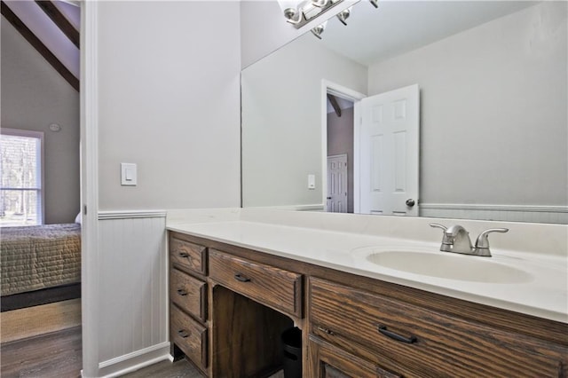 bathroom featuring wainscoting, vanity, and wood finished floors