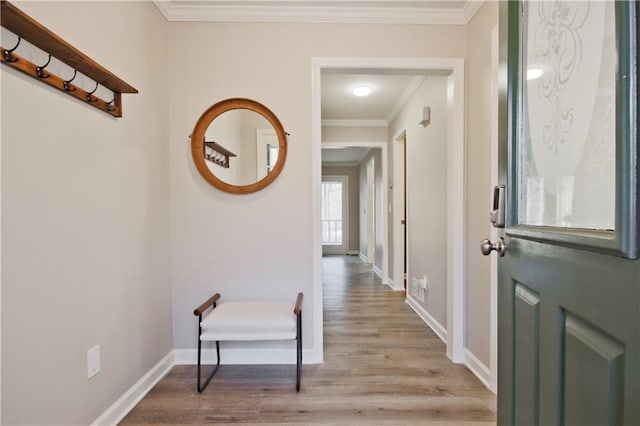 corridor with wood finished floors, baseboards, and ornamental molding