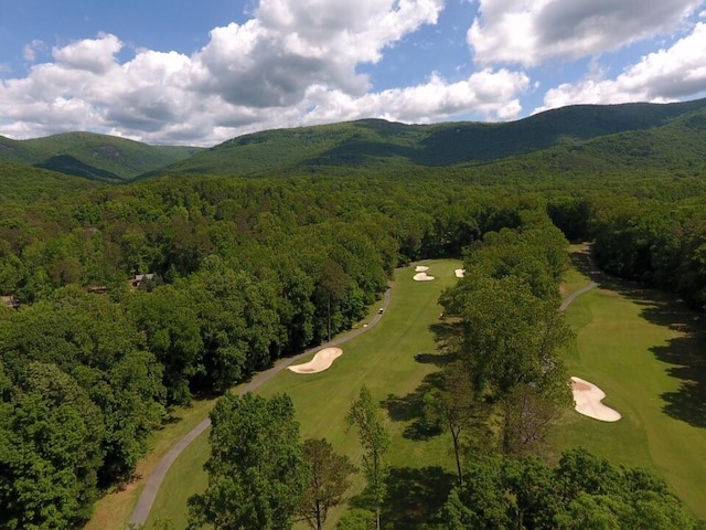 bird's eye view featuring a mountain view and a wooded view