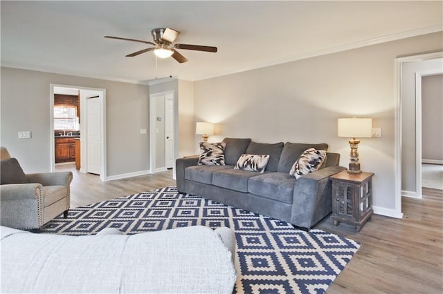 living room featuring wood finished floors, baseboards, and ornamental molding