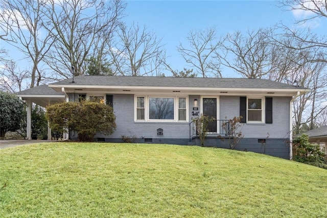 single story home with crawl space, a carport, and brick siding