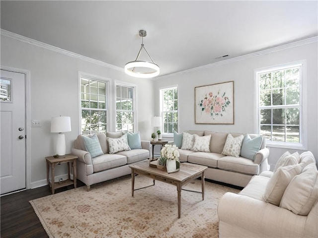 living room with hardwood / wood-style flooring, plenty of natural light, and ornamental molding