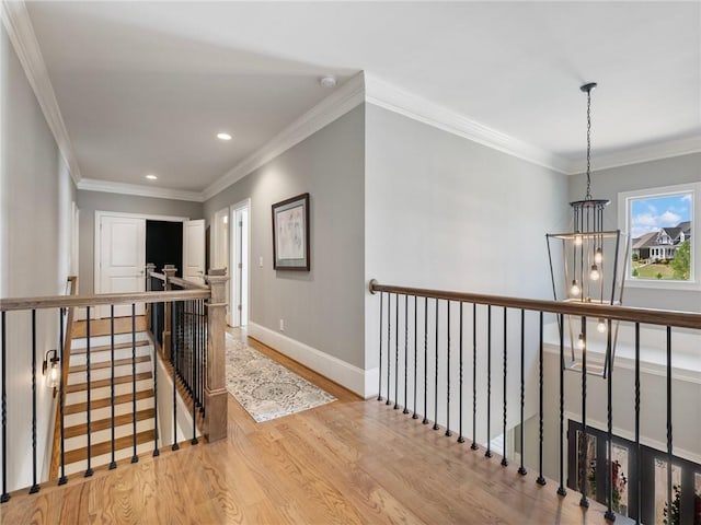 corridor featuring crown molding and light wood-type flooring