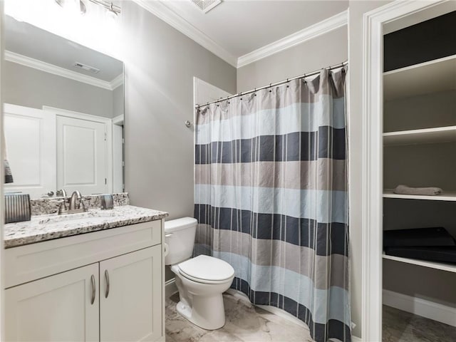 bathroom with vanity, curtained shower, ornamental molding, and toilet