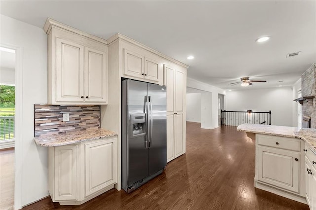 185 Lee Path, Acworth, GA 30102 - kitchen with stainless steel fridge, a ceiling fan, decorative backsplash, light stone countertops, and recessed lighting