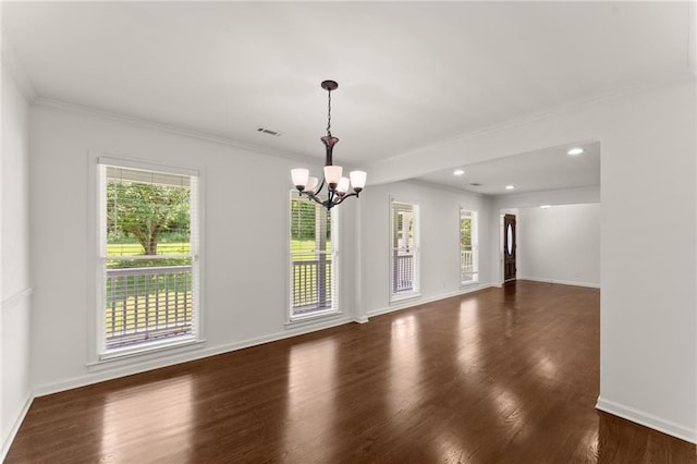 185 Lee Path, Acworth, GA 30102 - empty room featuring a chandelier, plenty of natural light, wood finished floors, ornamental molding, and recessed lighting