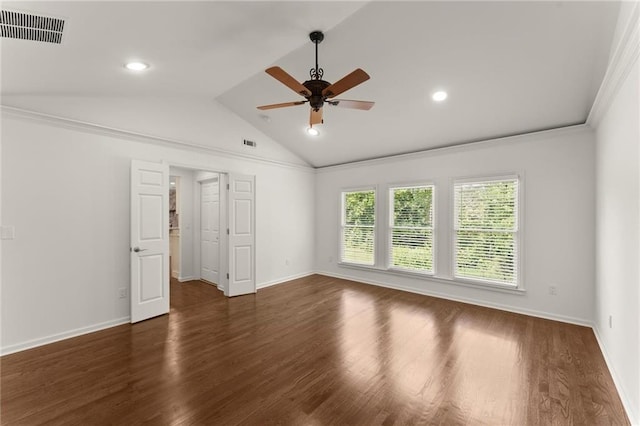 185 Lee Path, Acworth, GA 30102 - empty room featuring a ceiling fan, vaulted ceiling, wood finished floors, ornamental molding, and recessed lighting