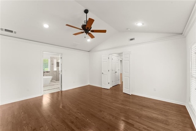 185 Lee Path, Acworth, GA 30102 - empty room featuring a ceiling fan, vaulted ceiling, wood finished floors, recessed lighting, and ornamental molding