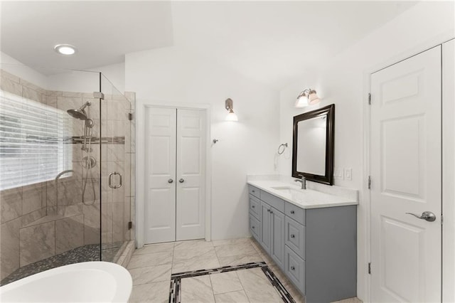185 Lee Path, Acworth, GA 30102 - full bath featuring vanity, a stall shower, and marble finish flooring