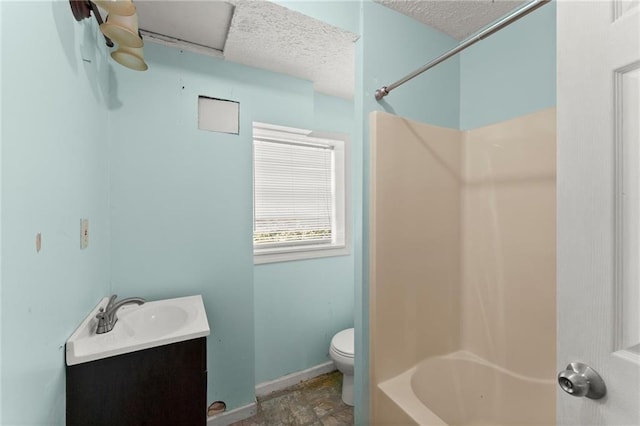 185 Lee Path, Acworth, GA 30102 - bathroom with vanity, bathtub / shower combination, a textured ceiling, and stone finish flooring