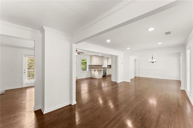 185 Lee Path, Acworth, GA 30102 - unfurnished living room with a chandelier, crown molding, dark wood finished floors, recessed lighting, and ceiling fan
