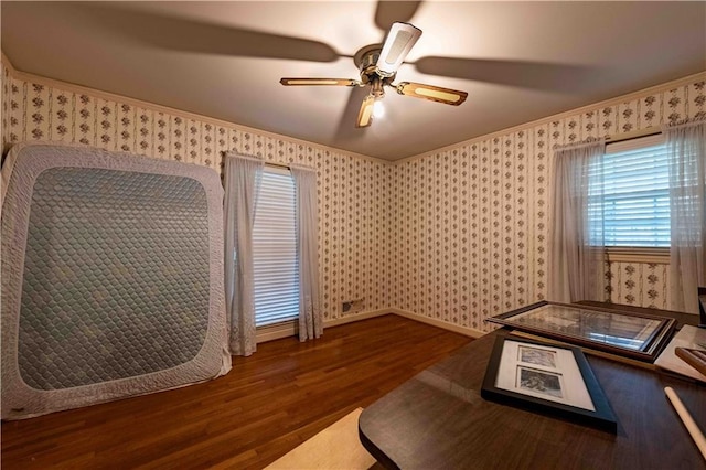 interior space featuring ceiling fan and dark hardwood / wood-style flooring