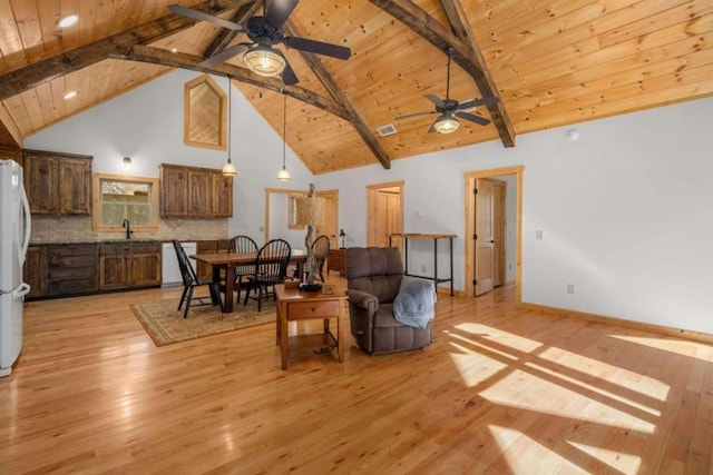 living room featuring wooden ceiling, high vaulted ceiling, light wood finished floors, and beamed ceiling