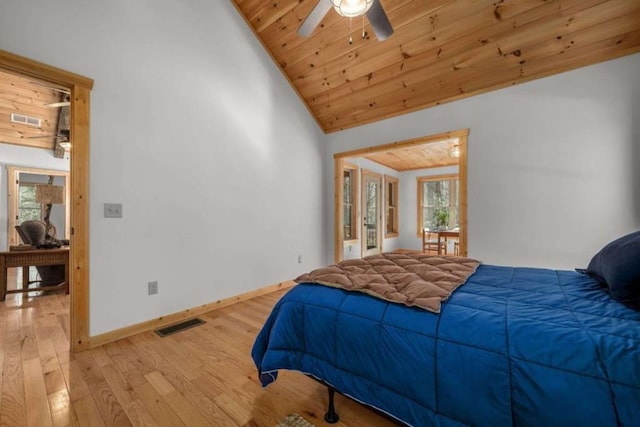 bedroom featuring baseboards, wooden ceiling, visible vents, and light wood-style floors