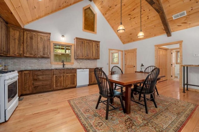 dining room with high vaulted ceiling, wooden ceiling, visible vents, light wood-type flooring, and beam ceiling