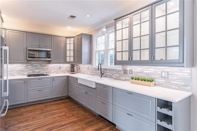 kitchen featuring sink, dark wood-type flooring, gray cabinets, and stainless steel appliances