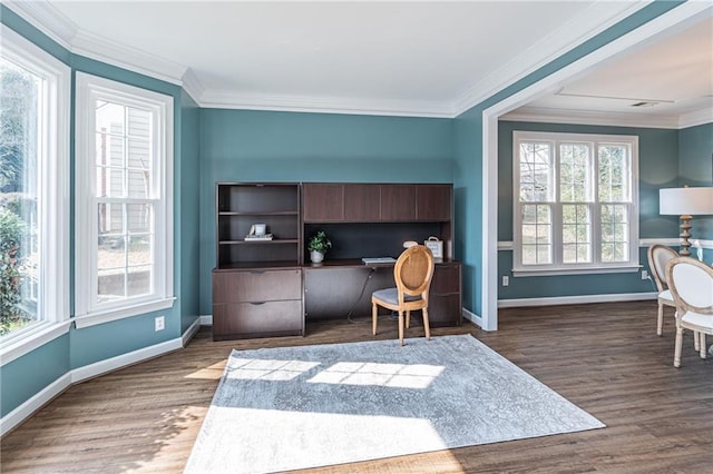 office area with ornamental molding, dark hardwood / wood-style flooring, and a wealth of natural light