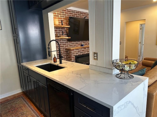 1078 Piedmont Ave NE Unit 206, Atlanta, GA 30309 - kitchen featuring black dishwasher, a sink, ornamental molding, baseboards, and light stone countertops