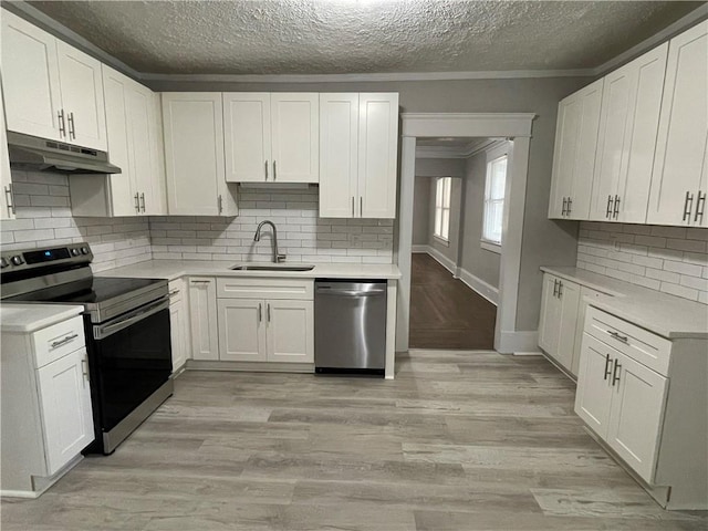 kitchen featuring white cabinetry, stainless steel appliances, sink, and light hardwood / wood-style floors