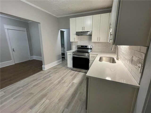 kitchen featuring electric stove, light hardwood / wood-style floors, a textured ceiling, and sink