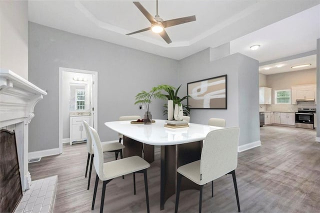 dining area with ceiling fan, a healthy amount of sunlight, a raised ceiling, and light wood-type flooring