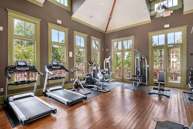 1195 Milton Ter SE Unit 1407, Atlanta, GA 30315 - gym featuring a towering ceiling, wood finished floors, and french doors