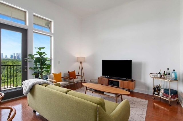 1195 Milton Ter SE Unit 1407, Atlanta, GA 30315 - living room with plenty of natural light, wood finished floors, a high ceiling, and a view of skyline