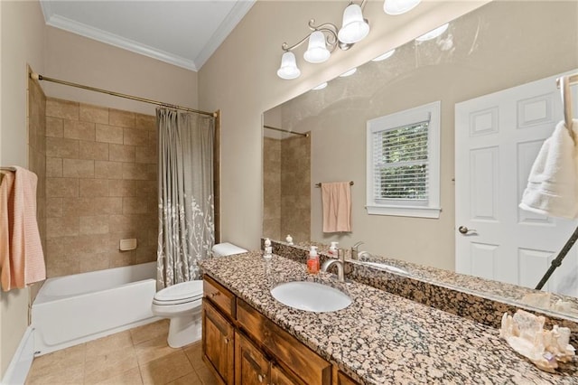 full bathroom featuring crown molding, toilet, shower / bathtub combination with curtain, vanity, and tile patterned flooring