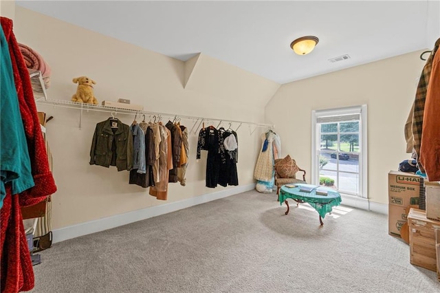 spacious closet with carpet flooring and vaulted ceiling