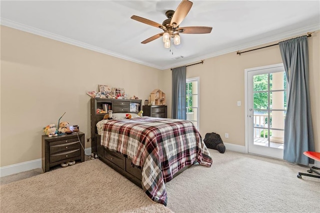 bedroom with access to exterior, ornamental molding, baseboards, carpet floors, and ceiling fan