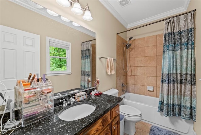 full bath with toilet, crown molding, shower / bath combination with curtain, vanity, and tile patterned flooring