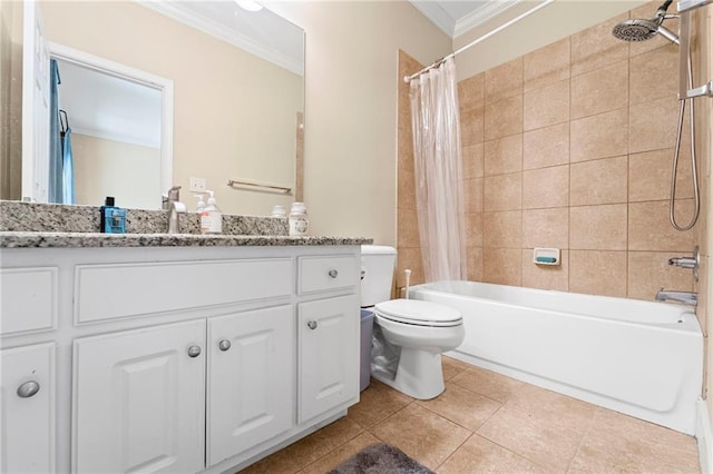 full bathroom with ornamental molding, shower / bathtub combination with curtain, vanity, toilet, and tile patterned flooring