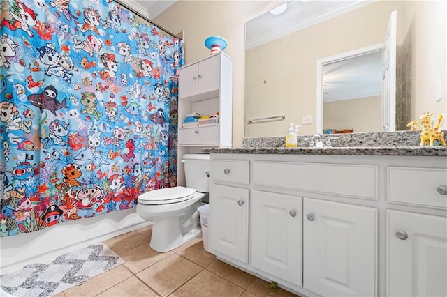 full bath featuring ornamental molding, toilet, tile patterned floors, vanity, and shower / bath combo