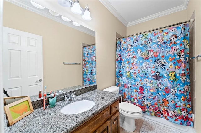 bathroom featuring crown molding, toilet, vanity, and a shower with shower curtain